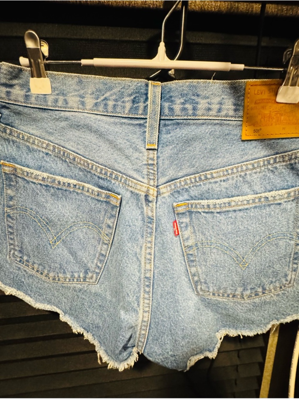 Levi's Women's Straight Shorts in Light Blue Denim with Tan Patch